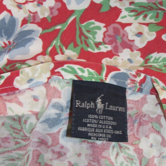 Vintage RALPH LAUREN FALMOUTH Queen Size RUFFLED FLAT SHEET Red Blue USA Cotton - Picture 3 of 5
